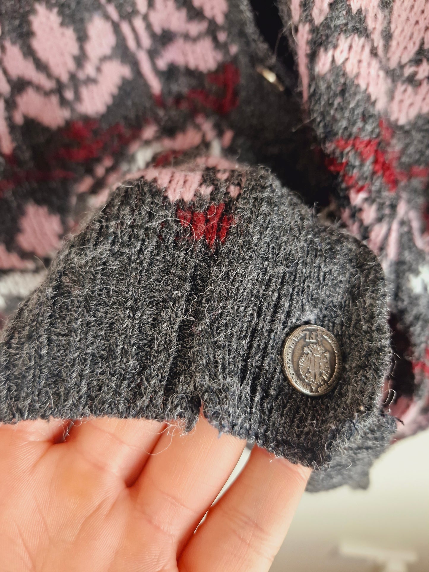 Vintage Floral Grey Pink Cardigan L
