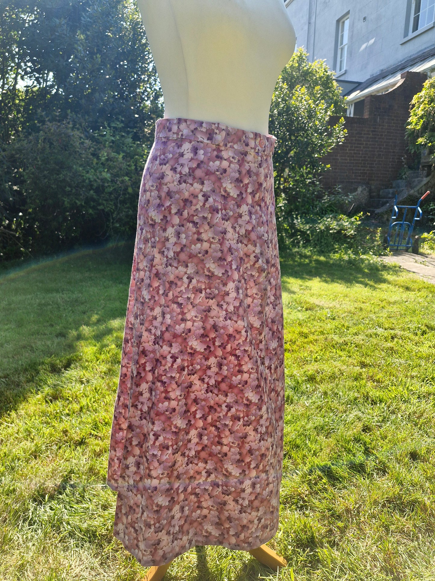 Vintage Handmade 1970s Pink & Purple Floral Aline Long Skirt S