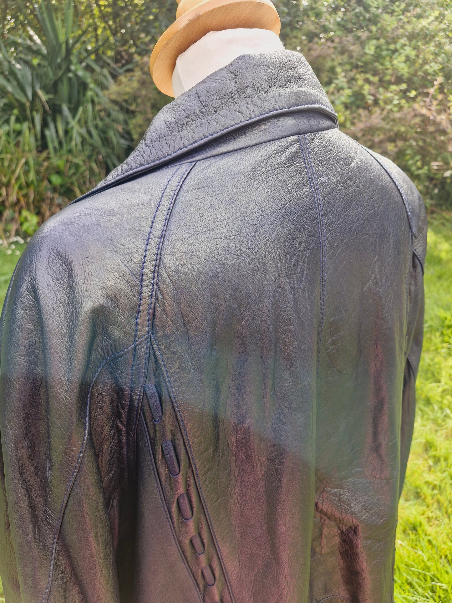 Vintage Blue Black Metallic Leather Jacket Coat L
