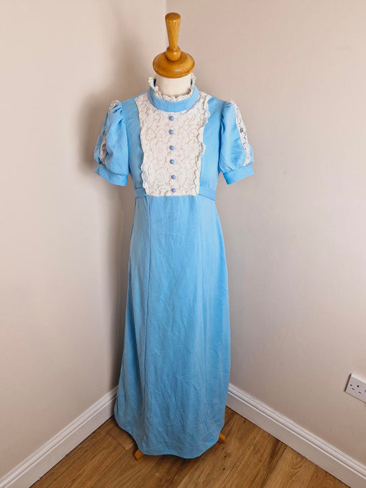 Vintage Handmade 1970s Long Maxi dress Puff Sleeve Prairie Dress Lace UK8 UK10 S