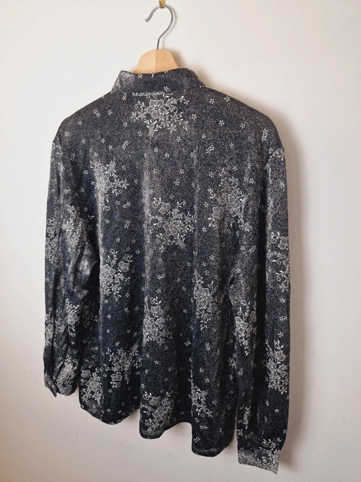 Womens Vintage Long Sleeve Metallic Silver Shirt Top Blouse L