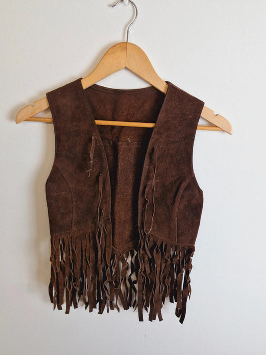 Kids Girls Boys Vintage 1970s 70s Suede Tassel Fringe Waistcoat Boho 6 yrs