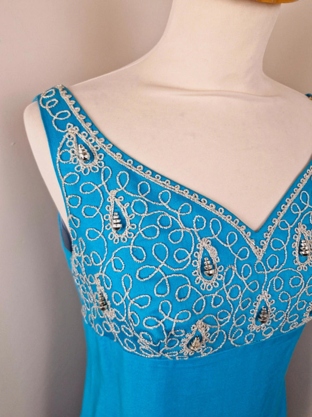 Womens Vintage 60s 1960s Turquoise Long Maxi Dress Embroidered Beaded S