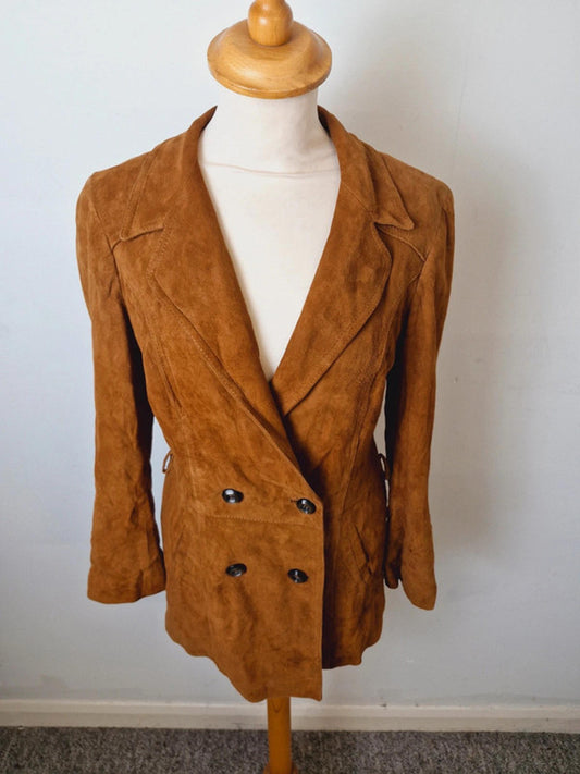 Womens Vintage 1970s 70s Tan Suede Leather Italian Jacket Blazer Coat S