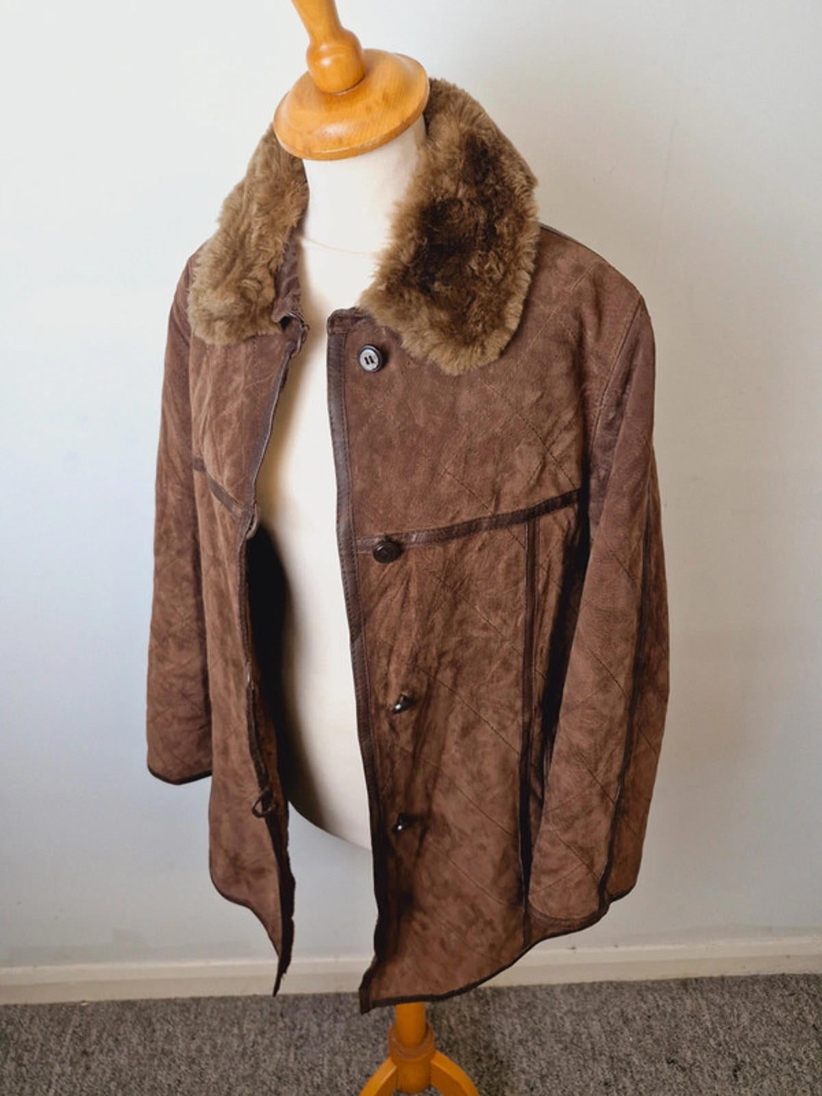 Womens Vintage Suede Leather Brown Quilted Jacket Coat M