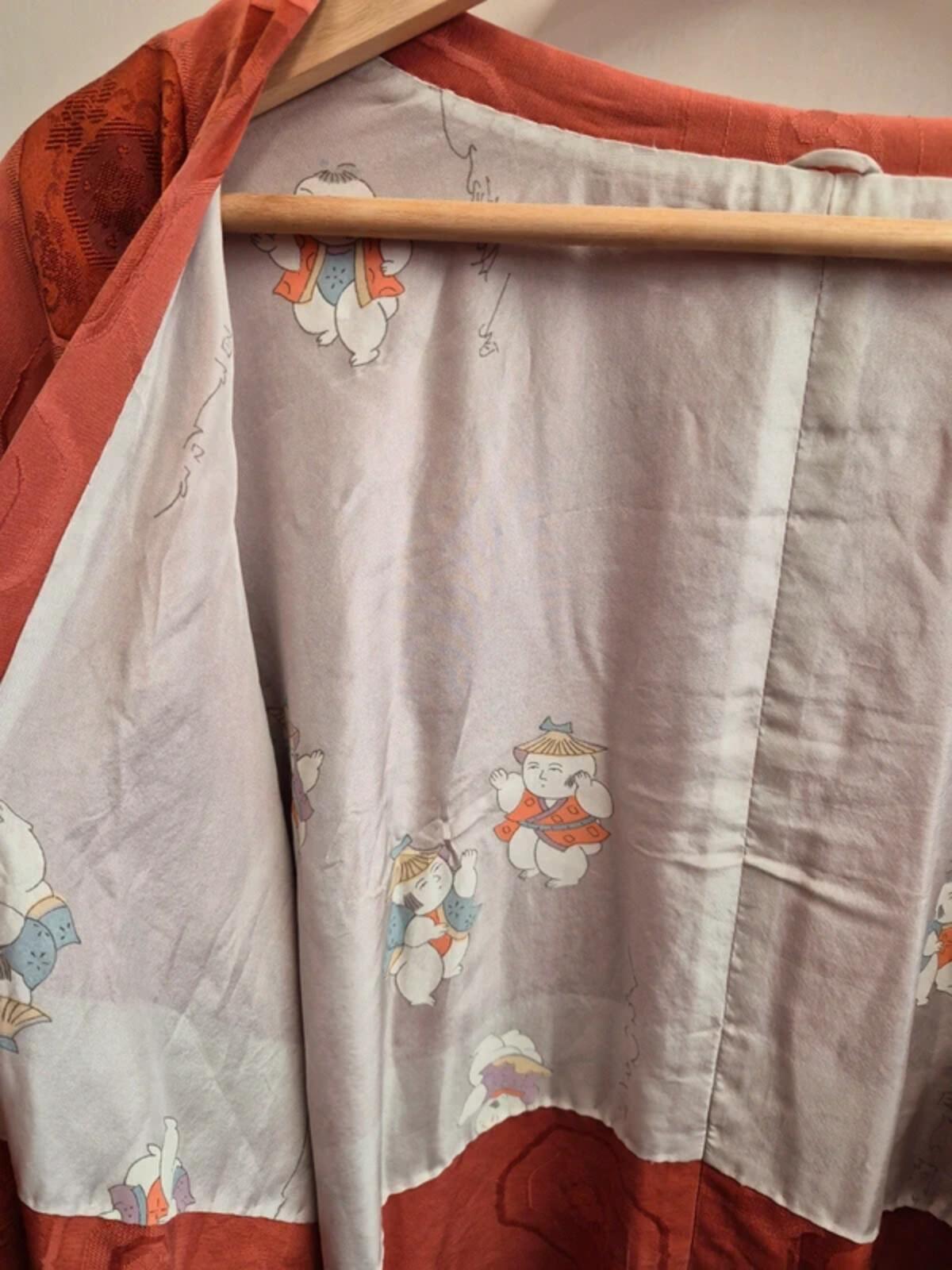 Vintage Silk Short Kimono Japanese Jacket Top Orange Wide Sleeve UK12 M