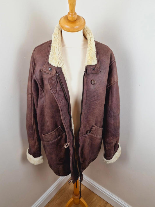Womens Vintage Leather Sheepskin Shearling Coat Bomber Flight Jacket M