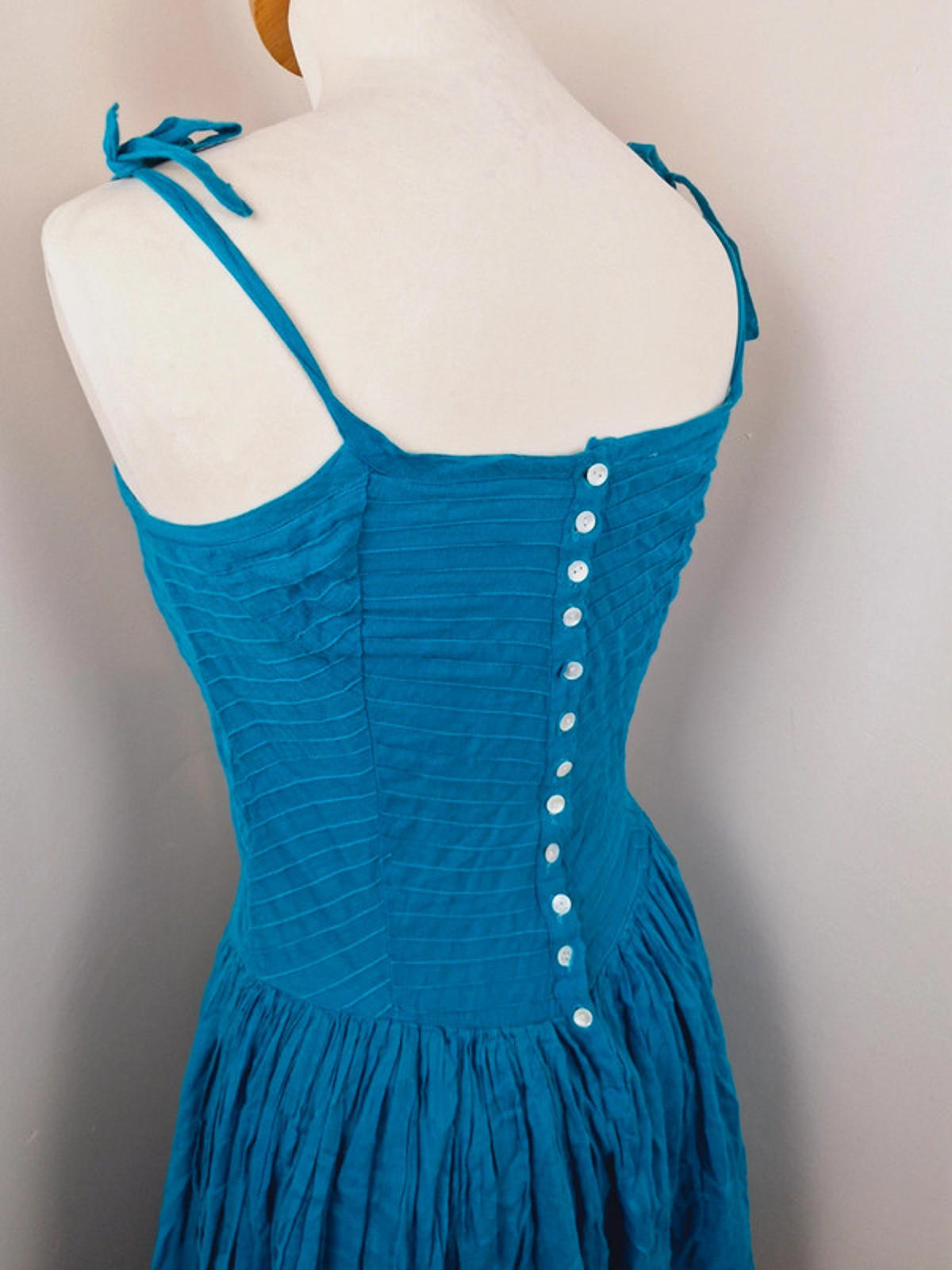 Womens Vintage 1970s 70s Indian Cotton Strappy Boho Turquoise Dress XS