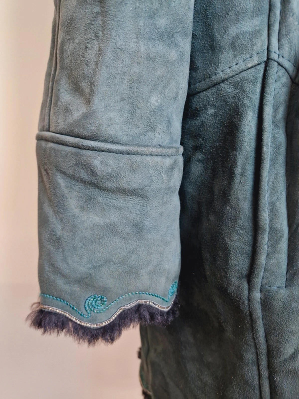 Womens Vintage Green Suede Sheepskin Shearling Coat Jacket Embroidered L UK16