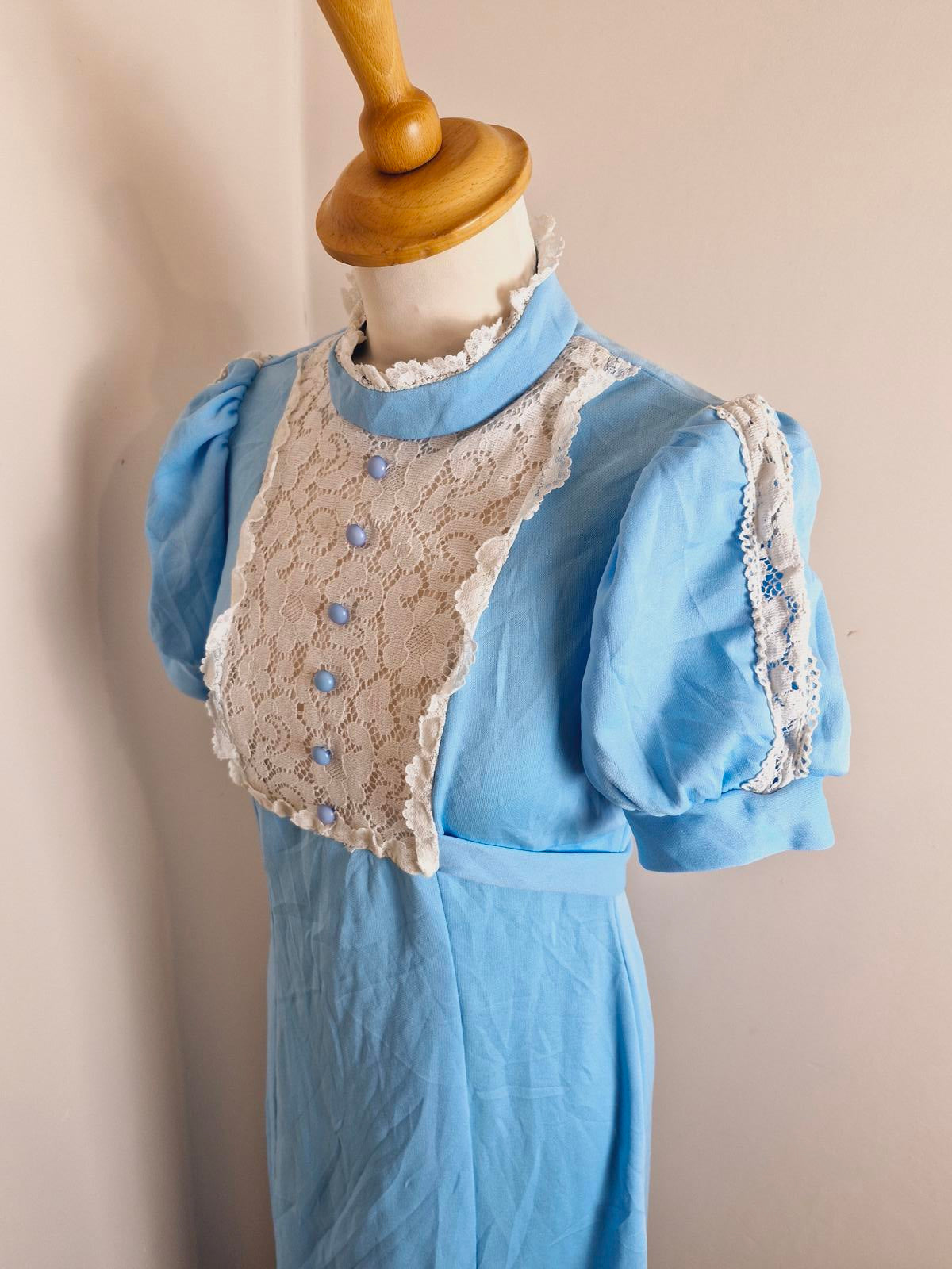 Vintage Handmade 1970s Long Maxi dress Puff Sleeve Prairie Dress Lace UK8 UK10 S