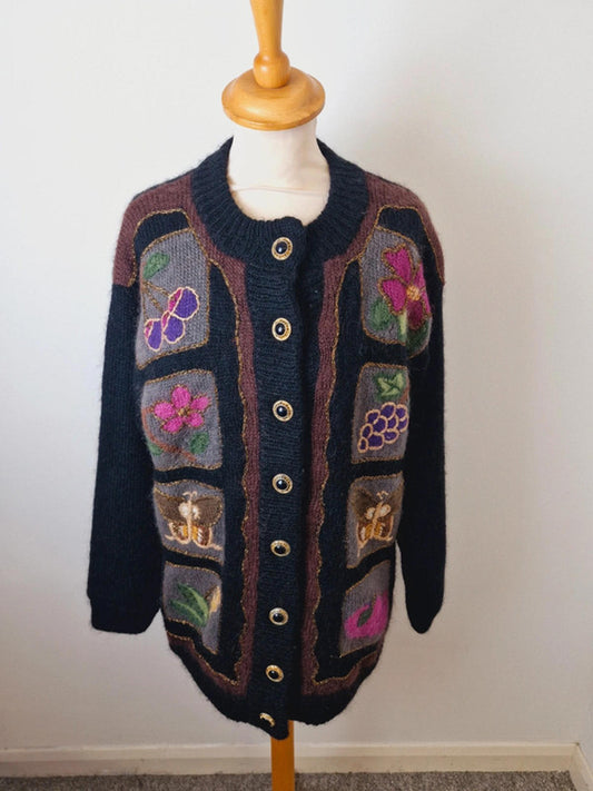 Womens Vintage Mohair Blend Black Cardigan Jacket Jumper L UK16