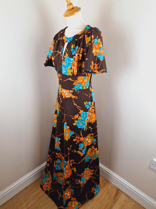 Womens Vintage 1970s 70s Maxi Long Dress Flared Sleeve Boho S M