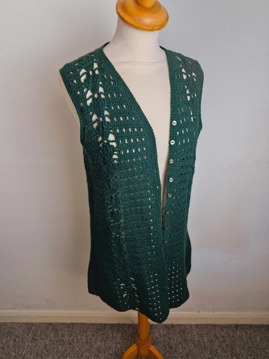 Womens Vintage Handknitted Knitted Green 1970s 70s Waiscoat Gilet Cardigan S
