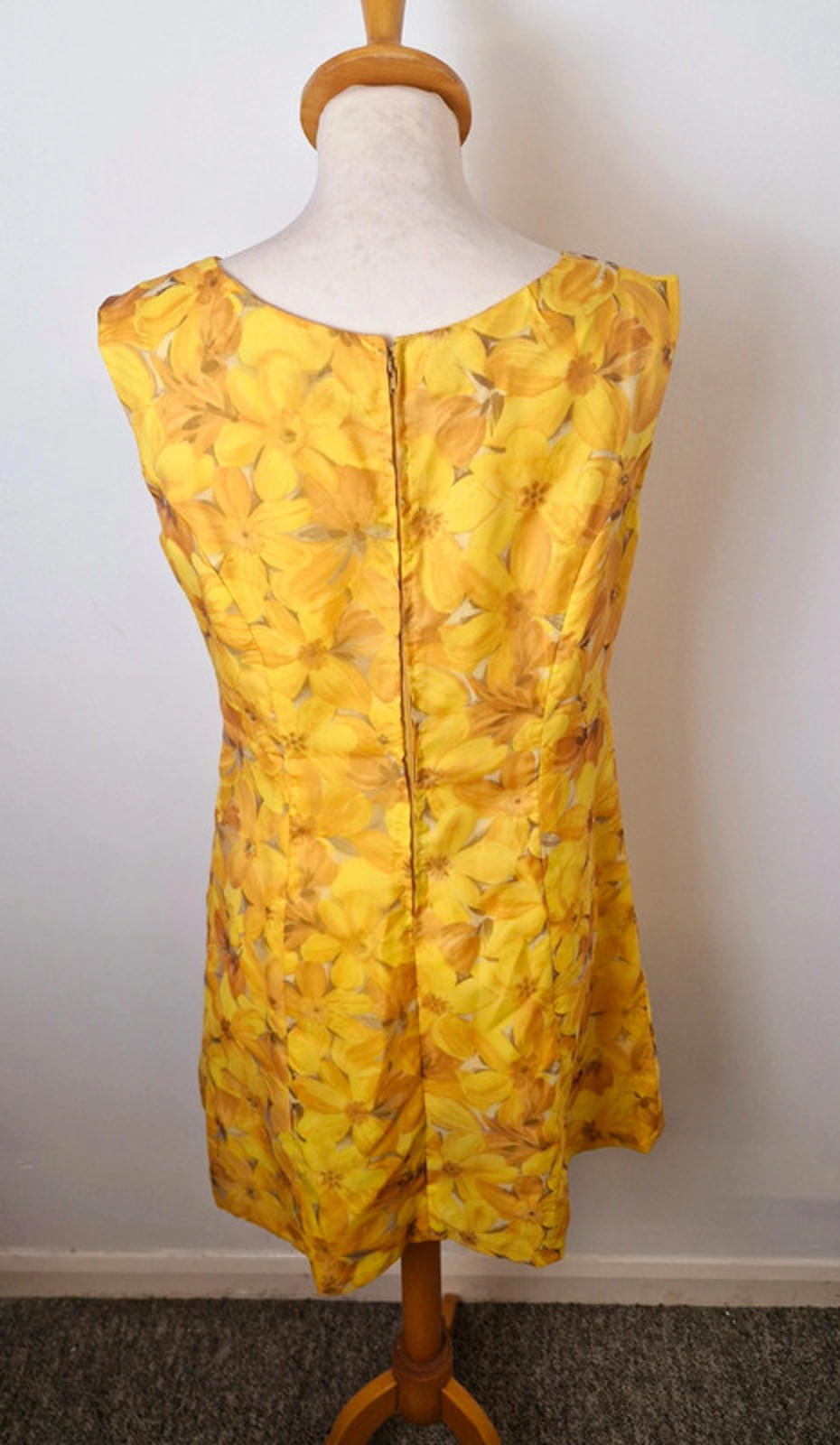 Womens Vintage 1960s 60s Yellow Floral Shift Dress Handmade M UK12