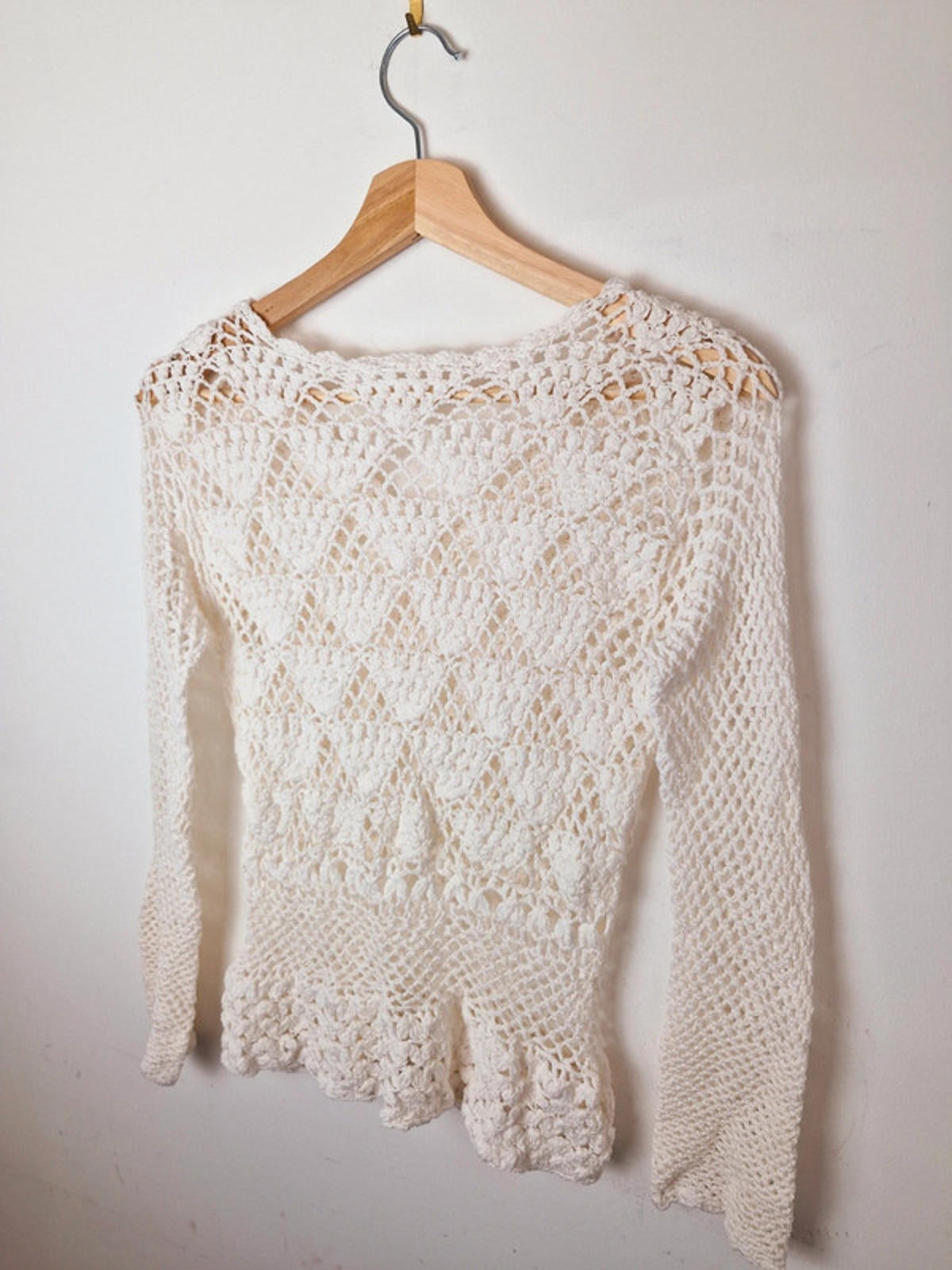 Womens Vintage 1970s Style Handcrochet Crochet Boho Long Sleeve Top S