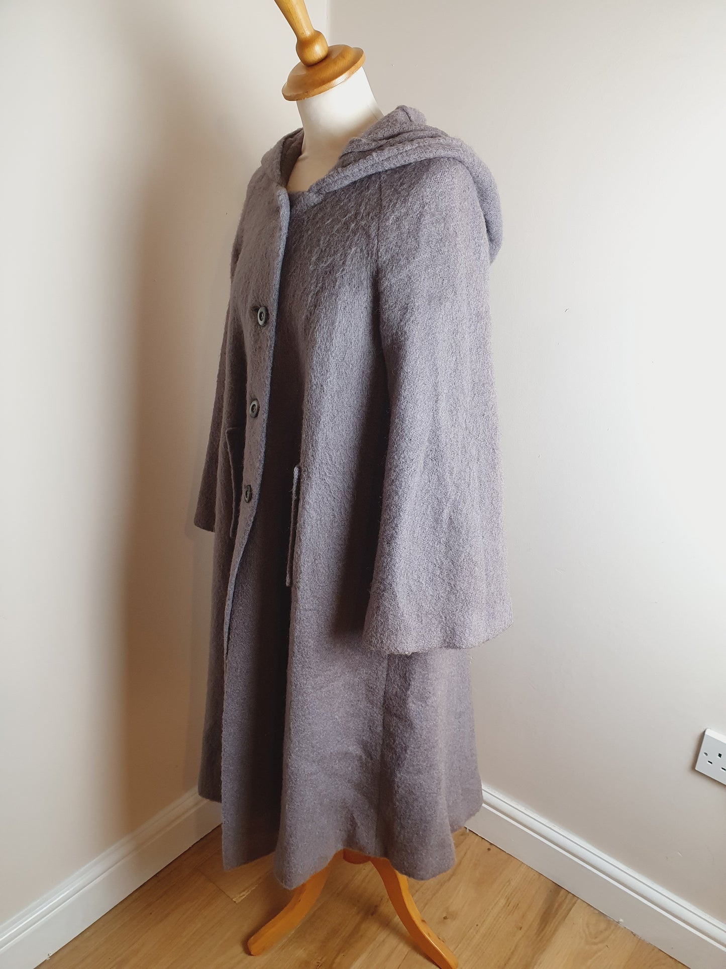 Vintage Long Mohair Hooded Cape Coat M L