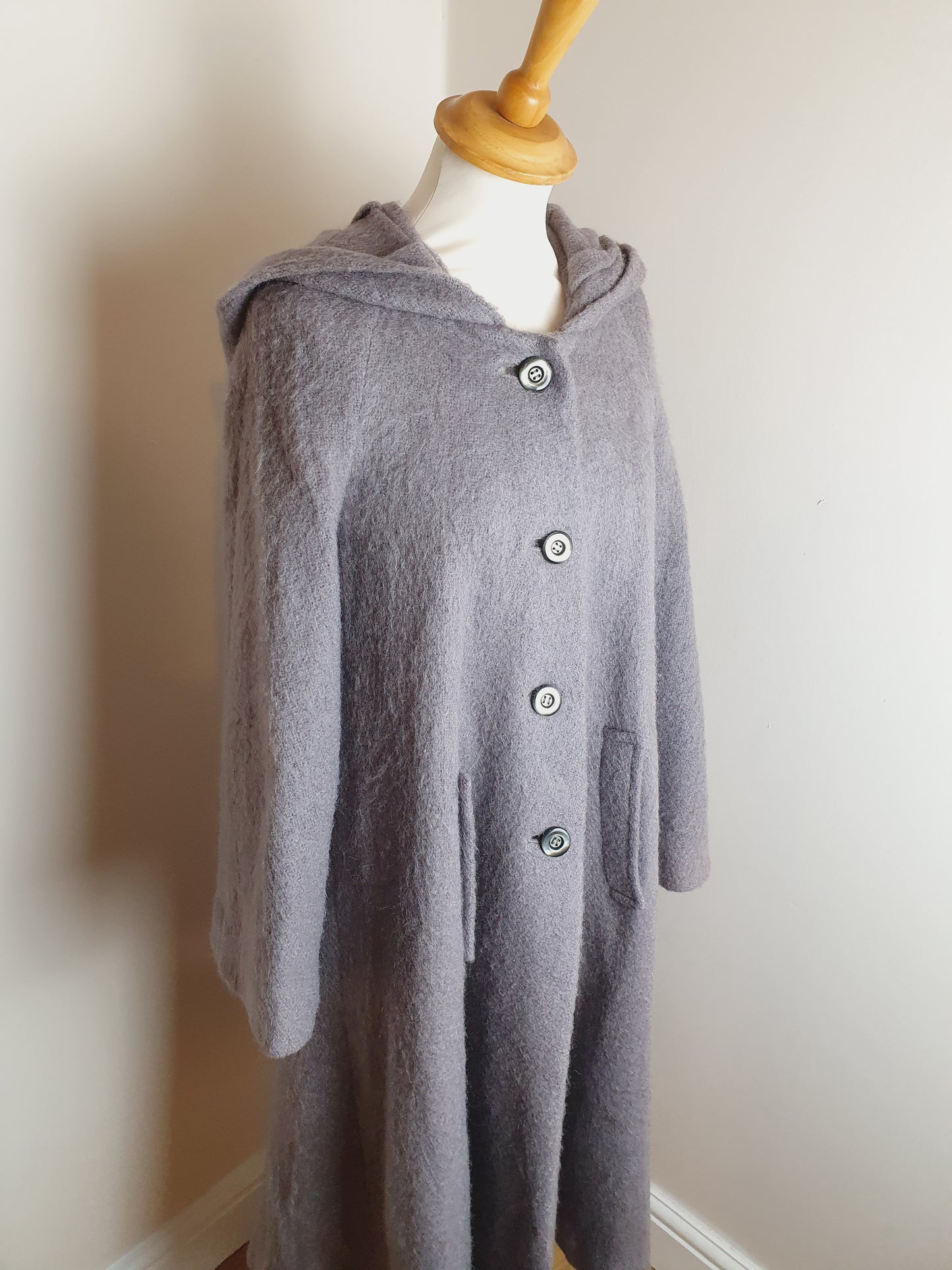 Vintage Long Mohair Hooded Cape Coat M L