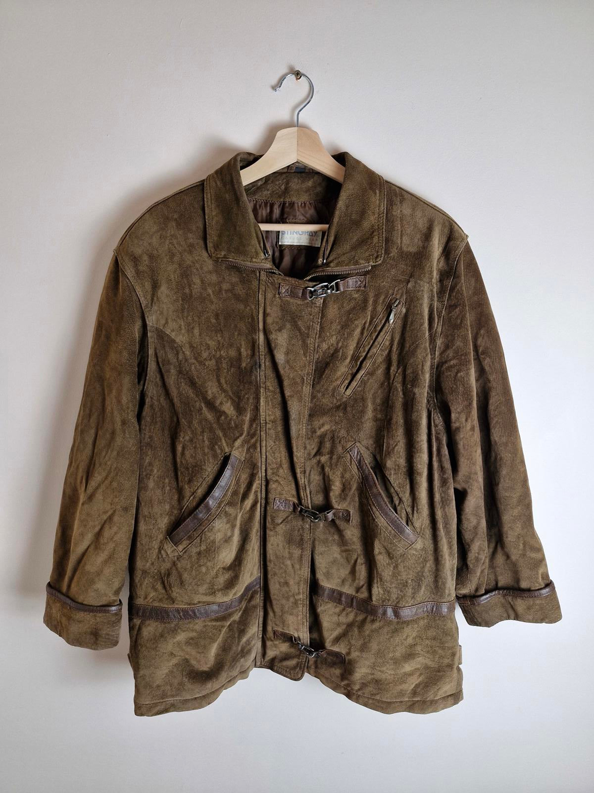Womens Vintage Suede Leather Jacket Coat Brown Khaki L UK14
