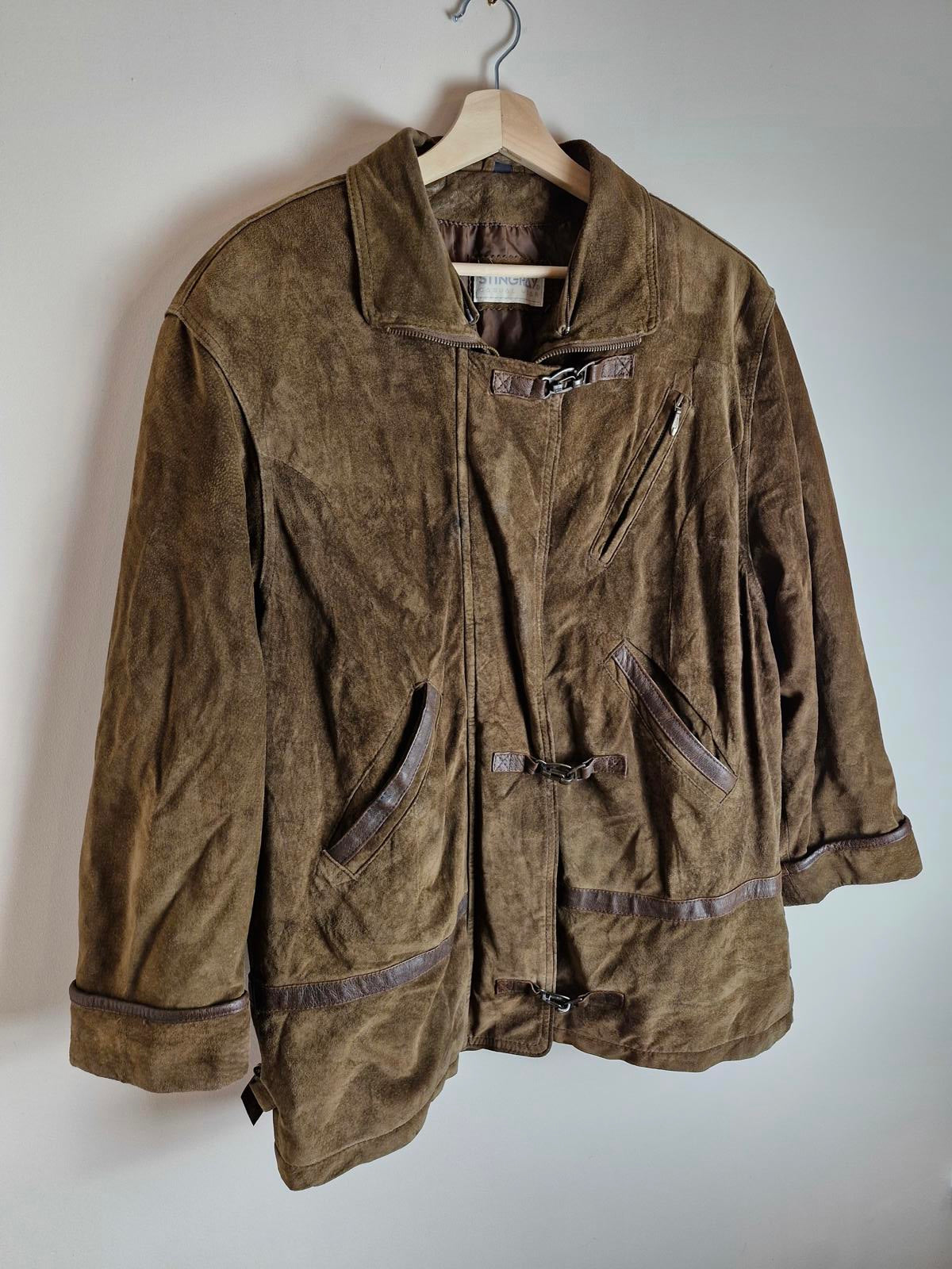 Womens Vintage Suede Leather Jacket Coat Brown Khaki L UK14