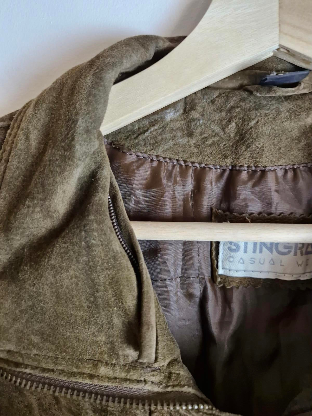 Womens Vintage Suede Leather Jacket Coat Brown Khaki L UK14