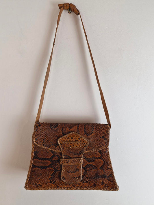 Womens Vintage 1970s 70s Snakeskin Leather Boho Shoulder Bag Handbag
