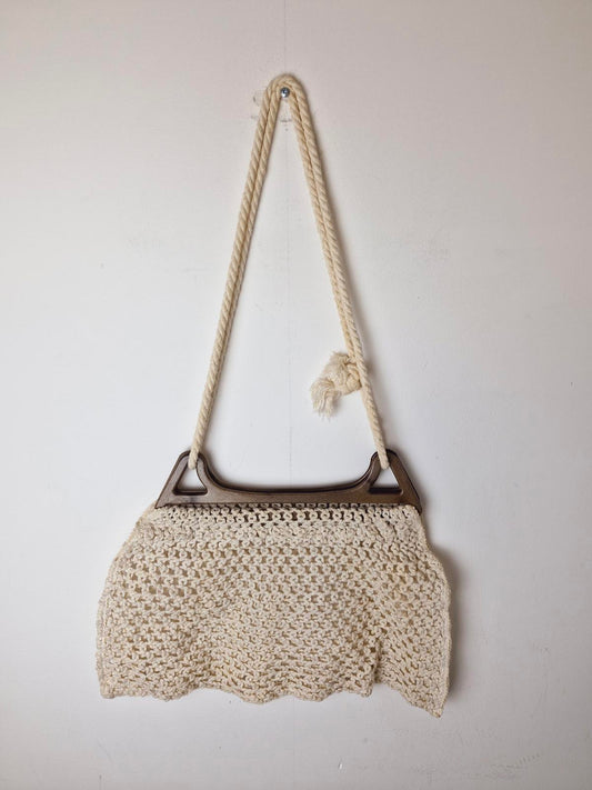 Womens Vintage 1970s 70s Crochet Knitted Boho Handbag Bag
