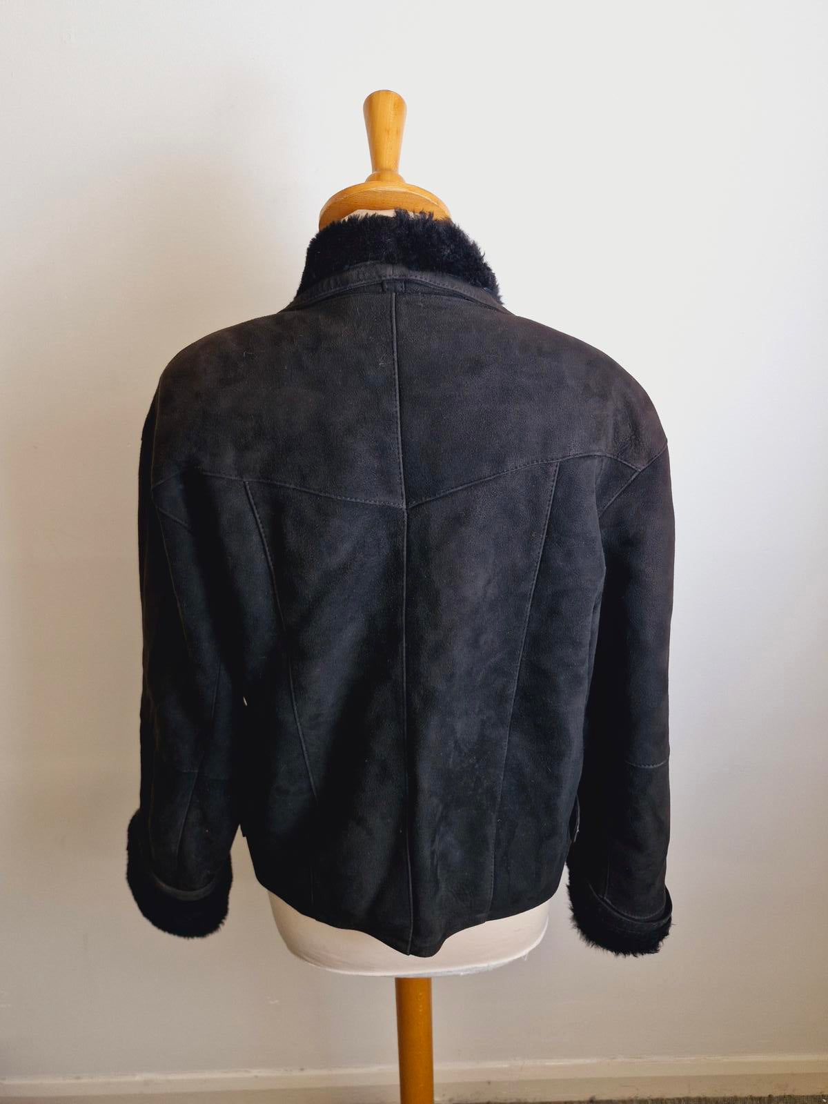 Womens Vintage Black Suede Sheepskin Shearling Coat Bomber Jacket S M UK10