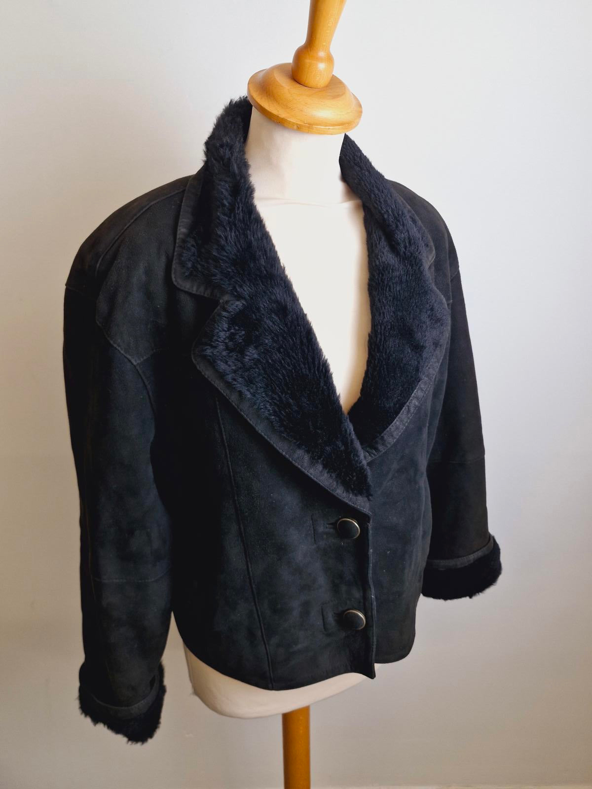 Womens Vintage Black Suede Sheepskin Shearling Coat Bomber Jacket S M UK10