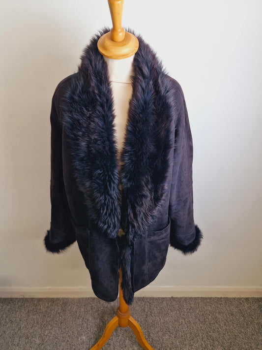 Womens Vintage Suede Sheepskin Shearling Coat Bomber Jacket L UK16