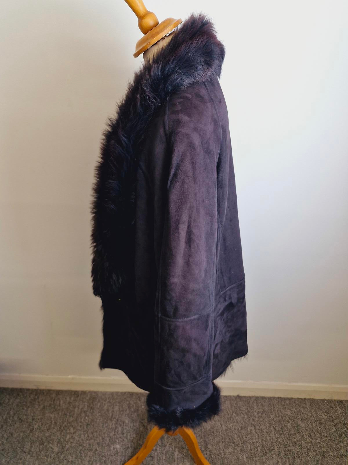 Womens Vintage Suede Sheepskin Shearling Coat Bomber Jacket L UK16