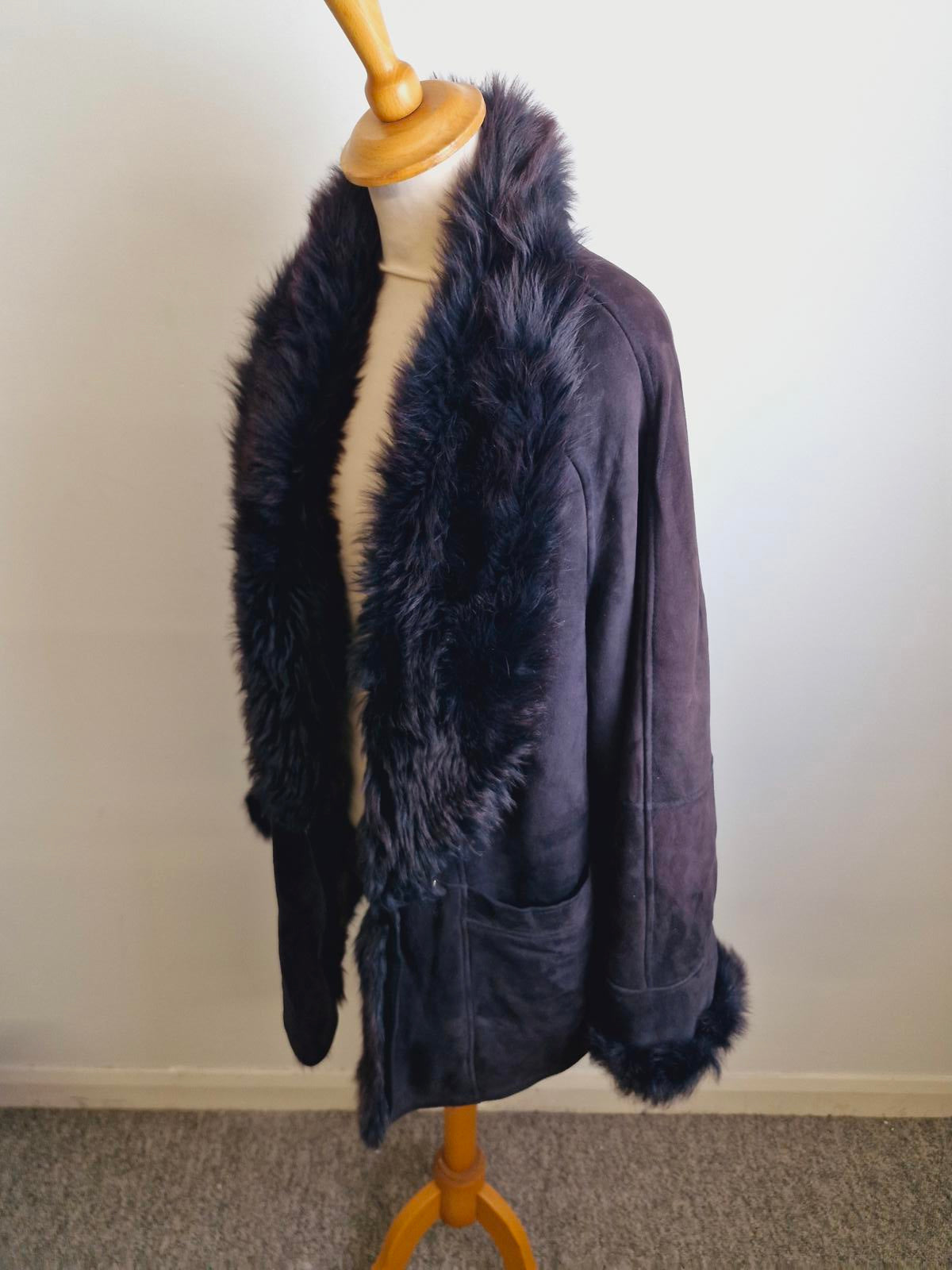 Womens Vintage Suede Sheepskin Shearling Coat Bomber Jacket L UK16