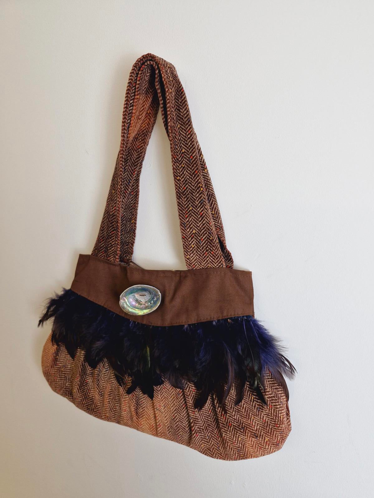 Womens Vintage Handmade Unusual Velvet Feather Shell Shoulder Bag Handbag