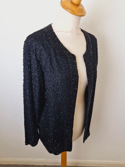 Womens Vintage Black Beaded Sequin Jacket Silk M UK12