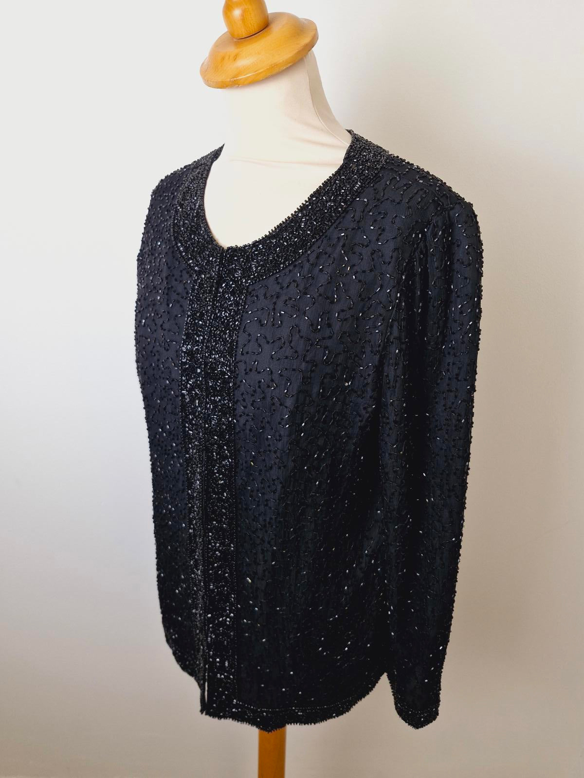 Womens Vintage Black Beaded Sequin Jacket Silk M UK12