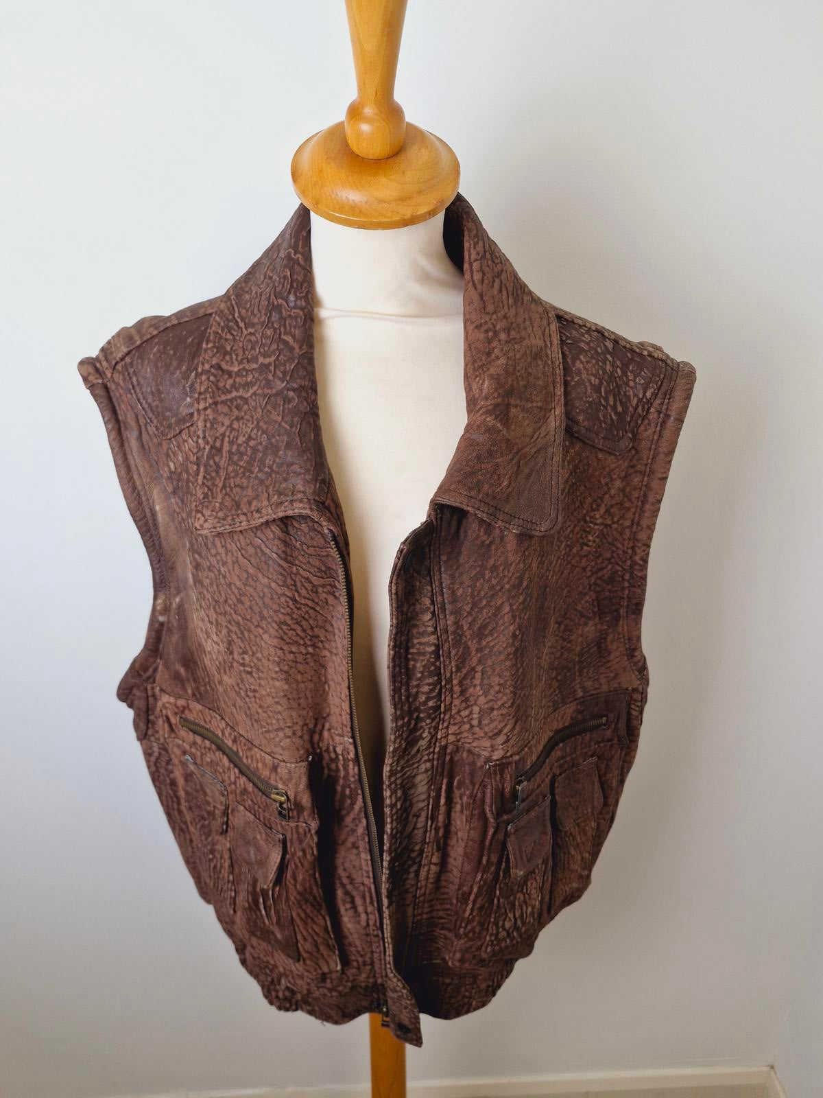 Mens Vintage Real Leather Gilet Jacket Waistcoat Western XL