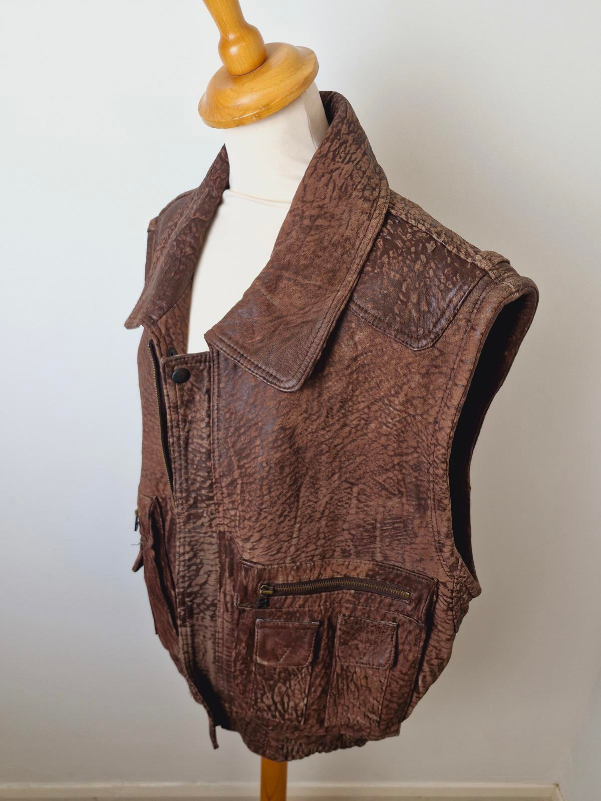 Mens Vintage Real Leather Gilet Jacket Waistcoat Western XL