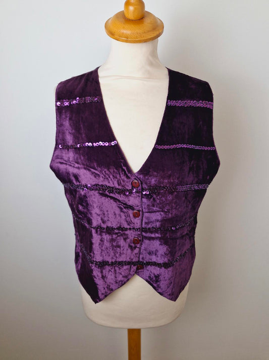 Womens Vintage Purple Velvet Whimsigoth Sequin Festival Waistcoat Gilet Top M