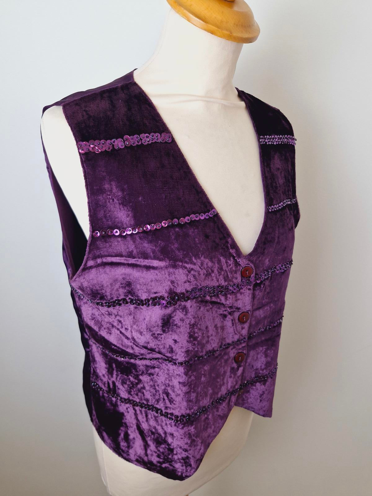 Womens Vintage Purple Velvet Whimsigoth Sequin Festival Waistcoat Gilet Top M