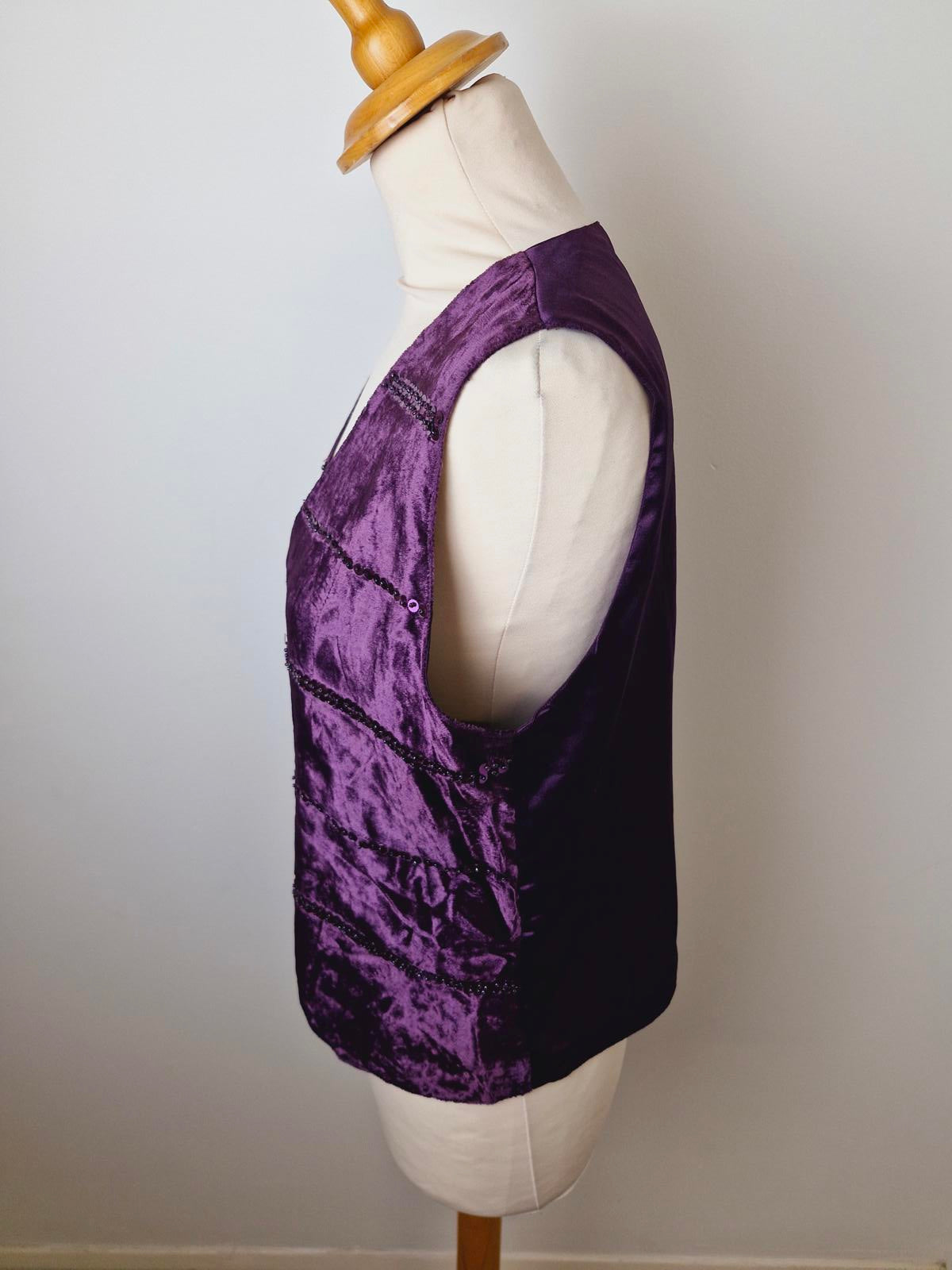 Womens Vintage Purple Velvet Whimsigoth Sequin Festival Waistcoat Gilet Top M