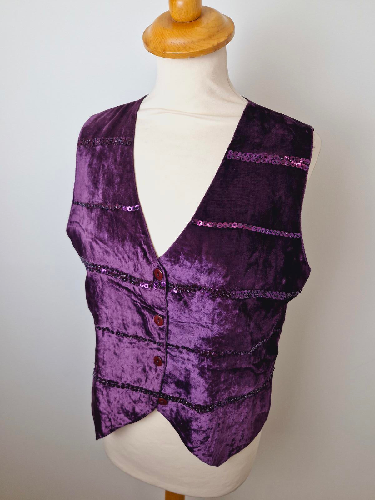 Womens Vintage Purple Velvet Whimsigoth Sequin Festival Waistcoat Gilet Top M