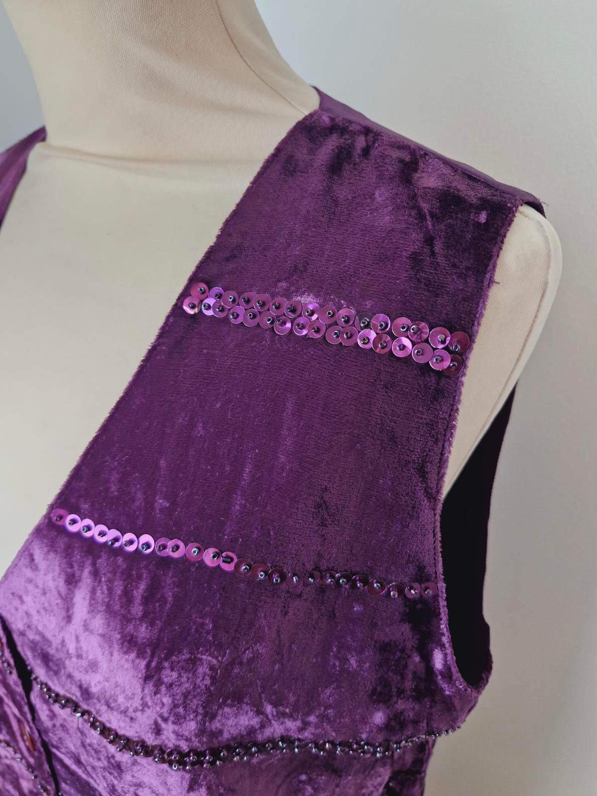 Womens Vintage Purple Velvet Whimsigoth Sequin Festival Waistcoat Gilet Top M