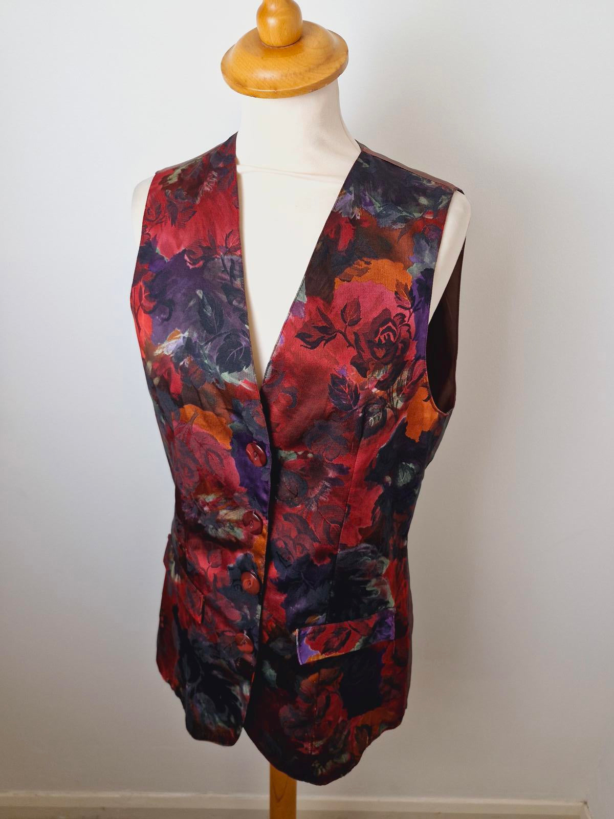 Womens Vintage 90s Boho Satin Waistcoat Gilet Top S UK10