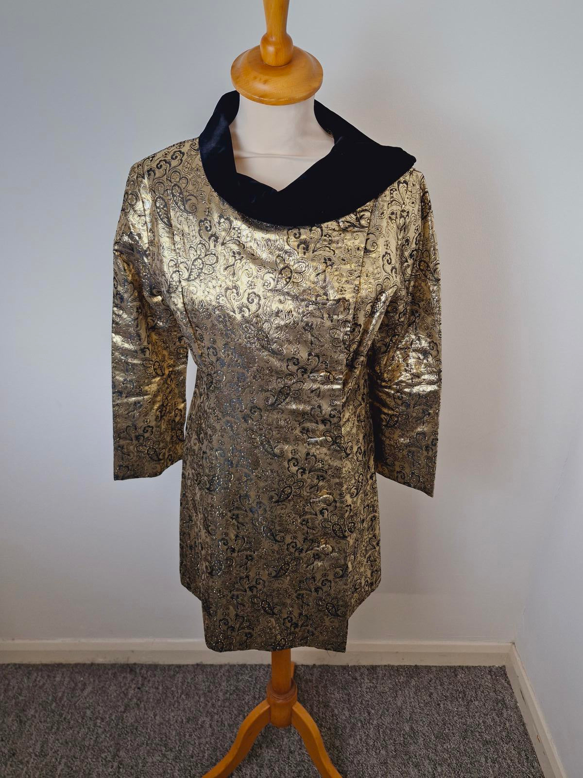Womens Vintage Gold Metallic Black Velvet Jacket Top Coat Paisley S UK8