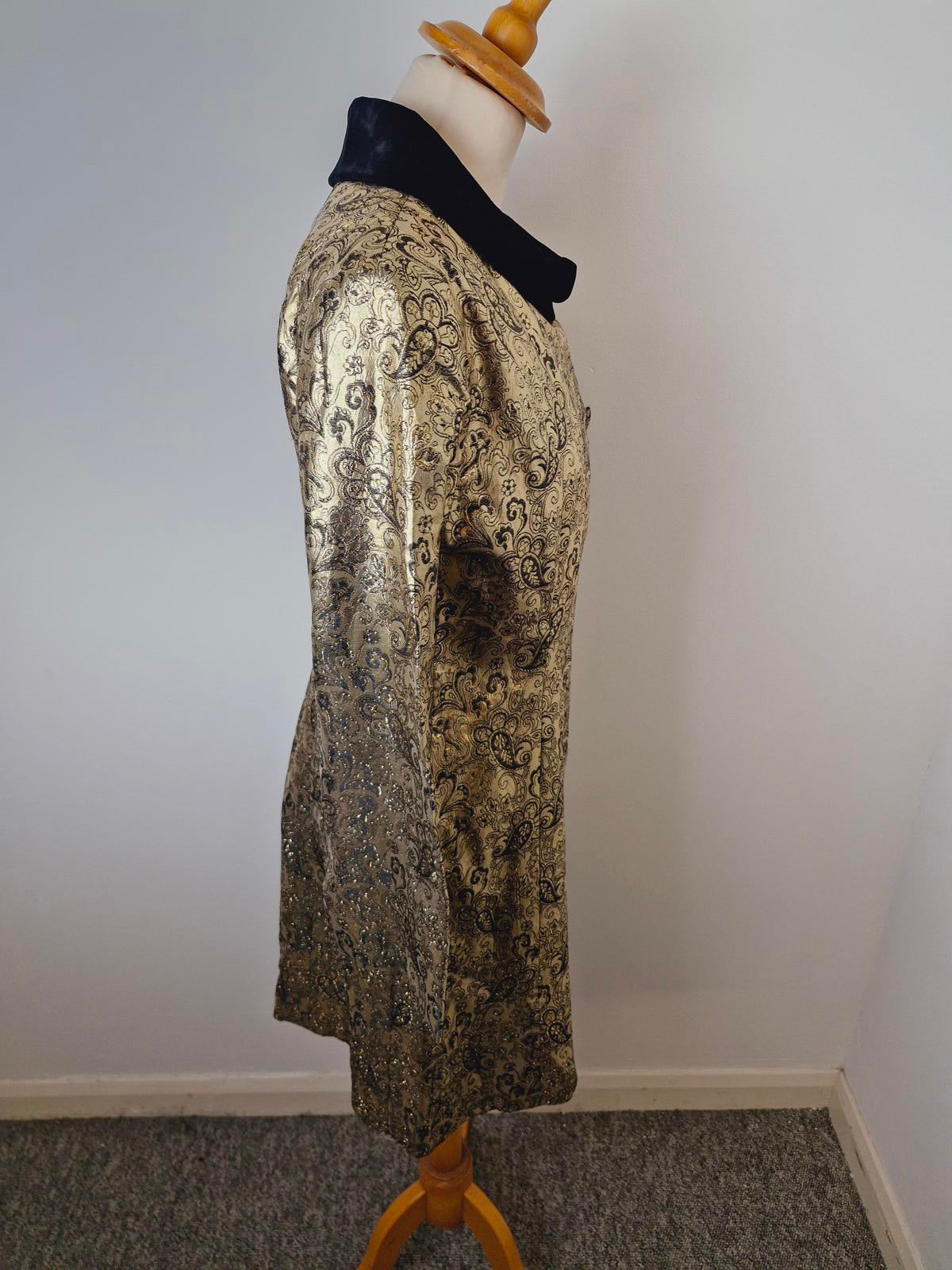 Womens Vintage Gold Metallic Black Velvet Jacket Top Coat Paisley S UK8