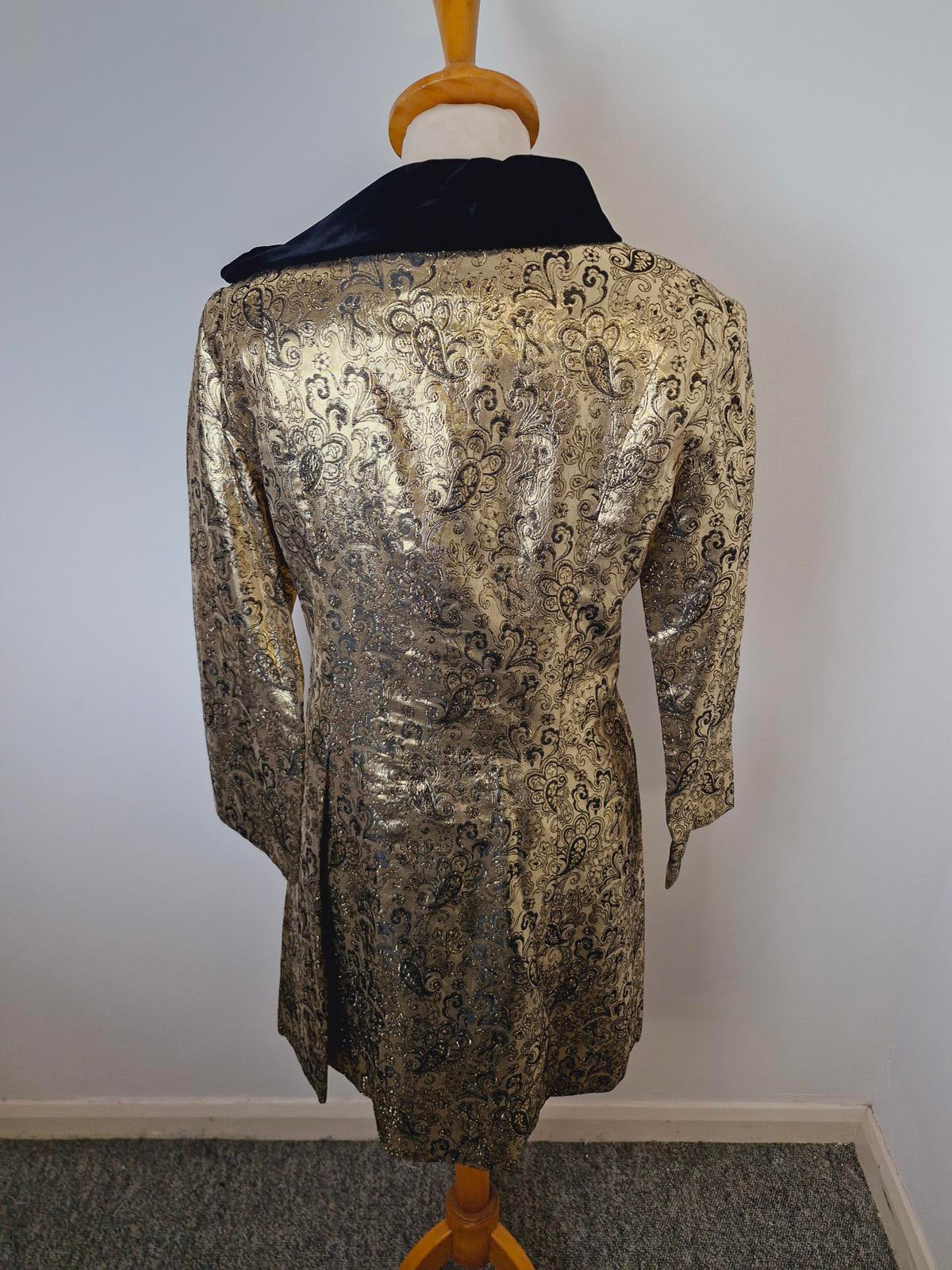 Womens Vintage Gold Metallic Black Velvet Jacket Top Coat Paisley S UK8