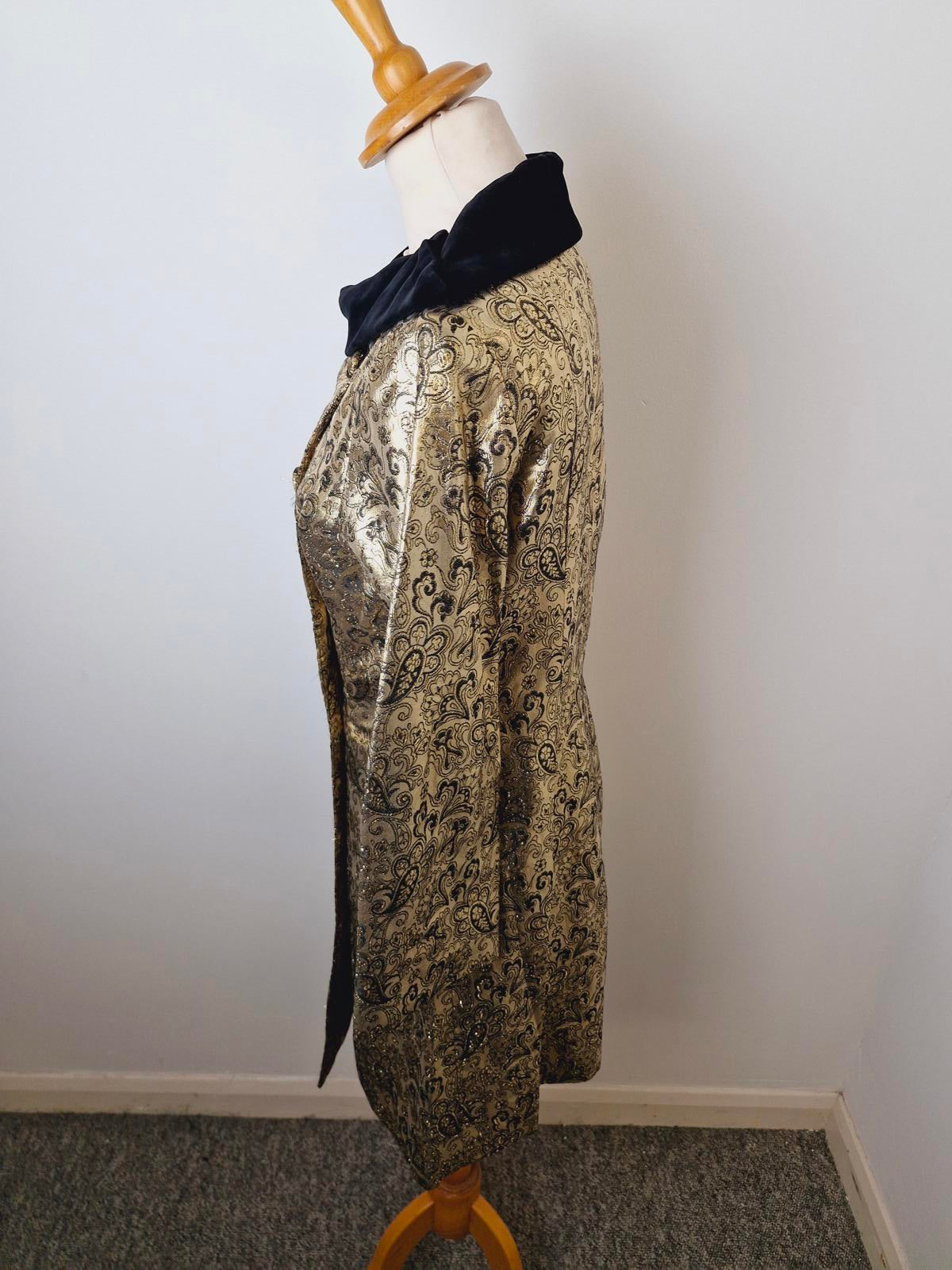 Womens Vintage Gold Metallic Black Velvet Jacket Top Coat Paisley S UK8