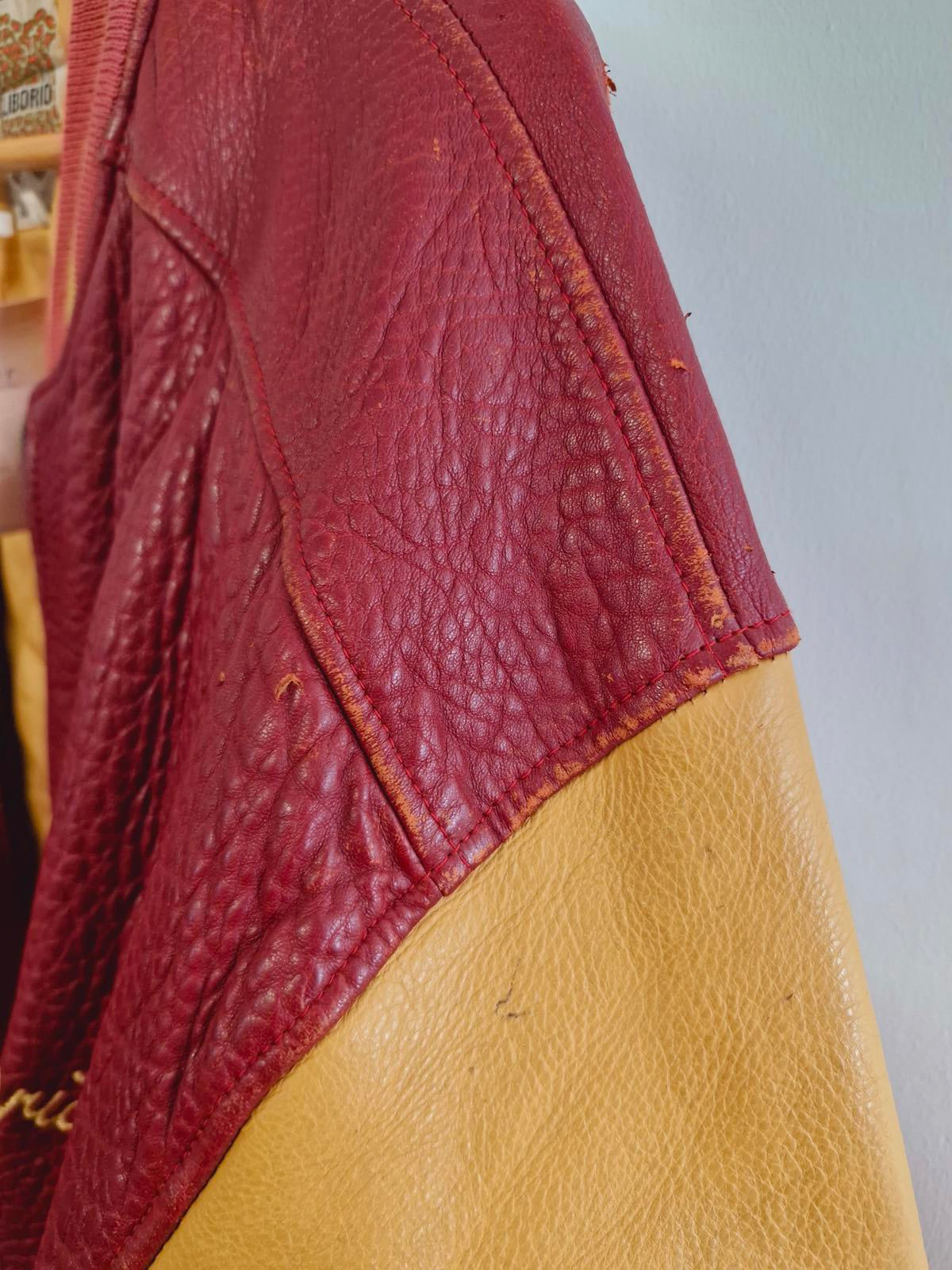 Mens Vintage Real Leather Varsity Bomber Jacket Coat Retro L