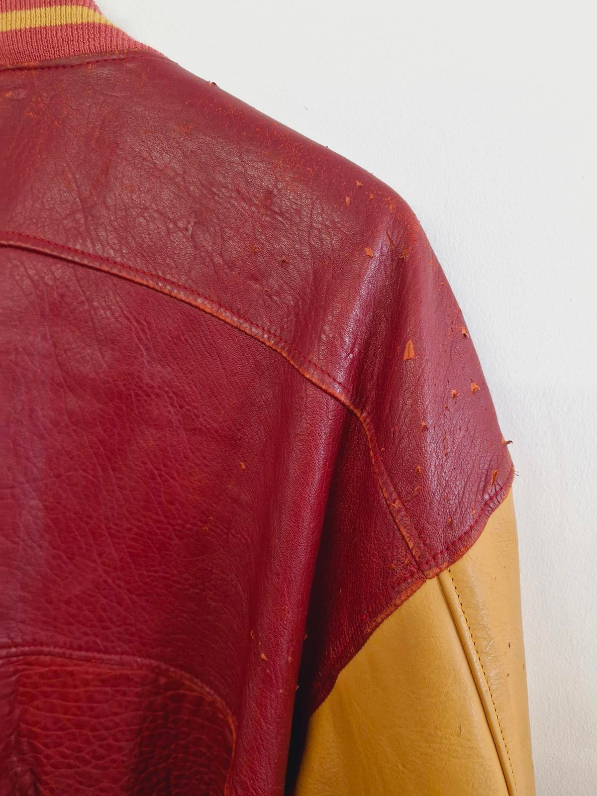 Mens Vintage Real Leather Varsity Bomber Jacket Coat Retro L