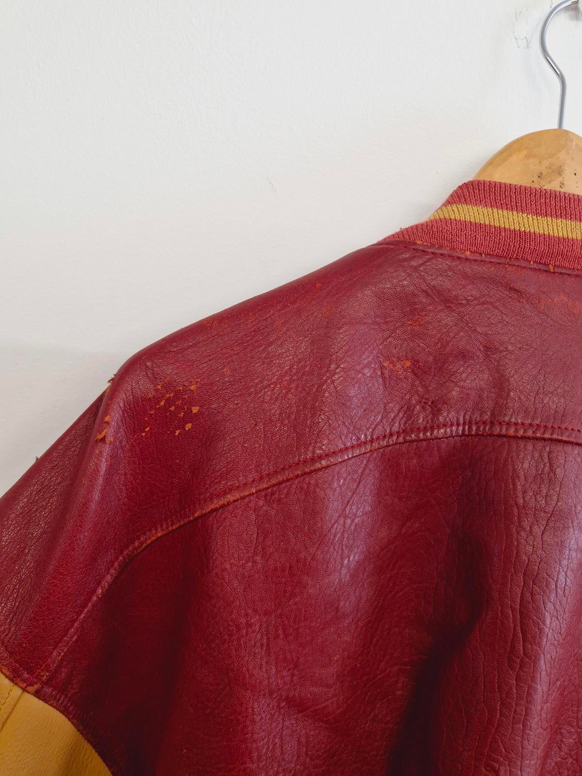 Mens Vintage Real Leather Varsity Bomber Jacket Coat Retro L