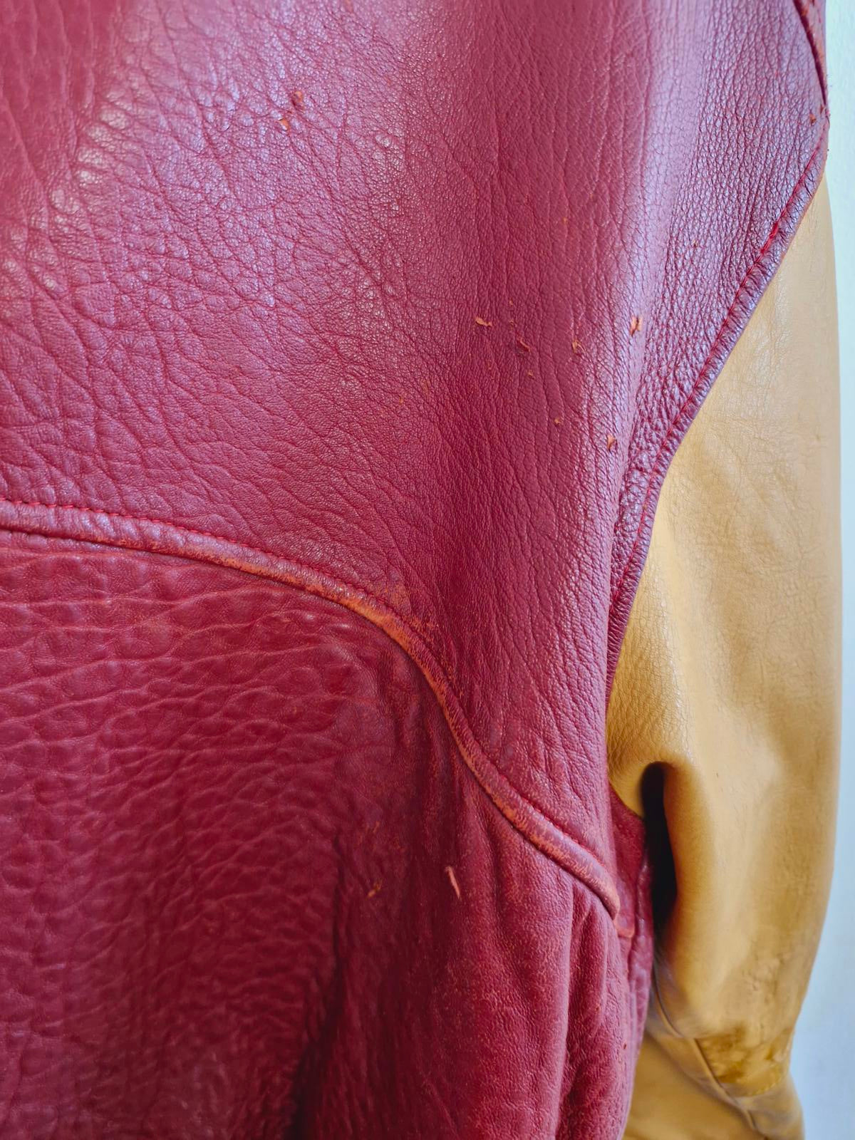 Mens Vintage Real Leather Varsity Bomber Jacket Coat Retro L